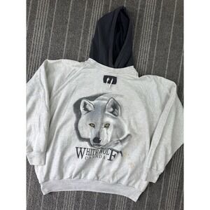 Vtg Nature Sweater Mens Medium Gray Wolf Canada 80s Hoodie Layered 2‎ Toned